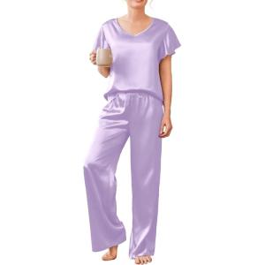imageEkouaer Silk Pajamas Satin 2 Piece Short Sleeve Top and Long Pants Pj Sets Silky Sleepwear Loungewear for WomenLilac