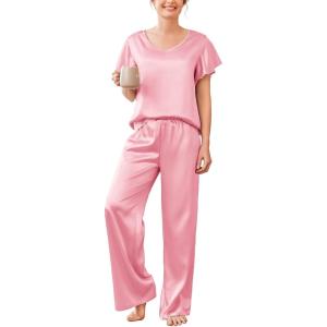 imageEkouaer Silk Pajamas Satin 2 Piece Short Sleeve Top and Long Pants Pj Sets Silky Sleepwear Loungewear for WomenPink