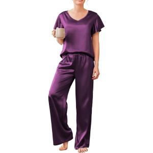 imageEkouaer Silk Pajamas Satin 2 Piece Short Sleeve Top and Long Pants Pj Sets Silky Sleepwear Loungewear for WomenPurple