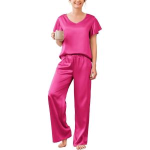 imageEkouaer Silk Pajamas Satin 2 Piece Short Sleeve Top and Long Pants Pj Sets Silky Sleepwear Loungewear for WomenRose Red