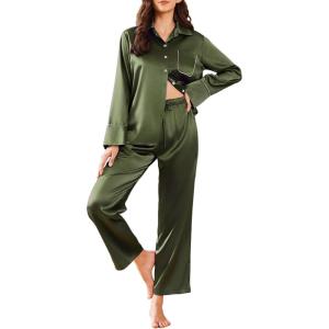 imageEkouaer Silk Pajamas for Women Satin Pajama Sets Button Down Lounge Sets Silky Pajama Long Pants Sleepwear with PocketsArmy Green