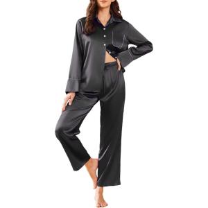 imageEkouaer Silk Pajamas for Women Satin Pajama Sets Button Down Lounge Sets Silky Pajama Long Pants Sleepwear with PocketsBlack