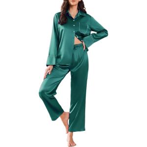 imageEkouaer Silk Pajamas for Women Satin Pajama Sets Button Down Lounge Sets Silky Pajama Long Pants Sleepwear with PocketsBlue