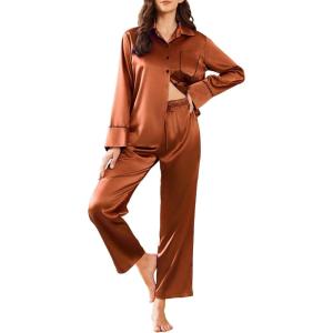 imageEkouaer Silk Pajamas for Women Satin Pajama Sets Button Down Lounge Sets Silky Pajama Long Pants Sleepwear with PocketsCaramel