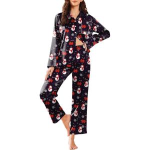 imageEkouaer Silk Pajamas for Women Satin Pajama Sets Button Down Lounge Sets Silky Pajama Long Pants Sleepwear with PocketsChristmas Black