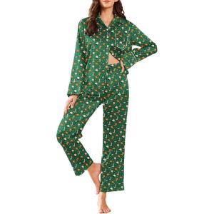 imageEkouaer Silk Pajamas for Women Satin Pajama Sets Button Down Lounge Sets Silky Pajama Long Pants Sleepwear with PocketsChristmas Green