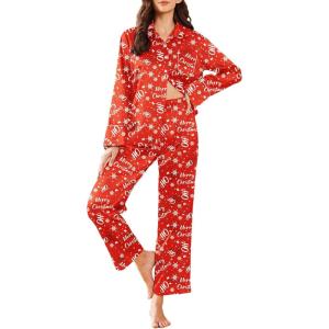 imageEkouaer Silk Pajamas for Women Satin Pajama Sets Button Down Lounge Sets Silky Pajama Long Pants Sleepwear with PocketsChristmas Red