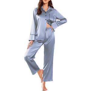 imageEkouaer Silk Pajamas for Women Satin Pajama Sets Button Down Lounge Sets Silky Pajama Long Pants Sleepwear with PocketsClear Blue