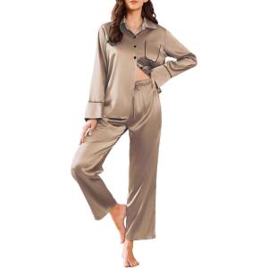 imageEkouaer Silk Pajamas for Women Satin Pajama Sets Button Down Lounge Sets Silky Pajama Long Pants Sleepwear with PocketsKhaki