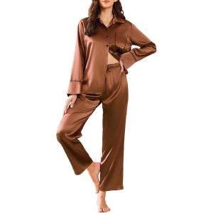 imageEkouaer Silk Pajamas for Women Satin Pajama Sets Button Down Lounge Sets Silky Pajama Long Pants Sleepwear with PocketsLight Brown