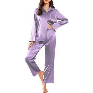 imageEkouaer Silk Pajamas for Women Satin Pajama Sets Button Down Lounge Sets Silky Pajama Long Pants Sleepwear with PocketsLight Purple