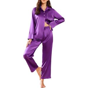 imageEkouaer Silk Pajamas for Women Satin Pajama Sets Button Down Lounge Sets Silky Pajama Long Pants Sleepwear with PocketsPurple