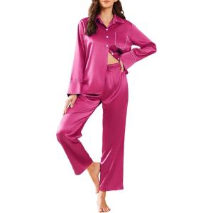 imageEkouaer Silk Pajamas for Women Satin Pajama Sets Button Down Lounge Sets Silky Pajama Long Pants Sleepwear with PocketsRose Red