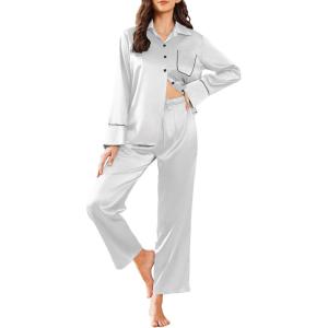 imageEkouaer Silk Pajamas for Women Satin Pajama Sets Button Down Lounge Sets Silky Pajama Long Pants Sleepwear with PocketsWhite