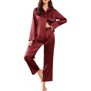 imageEkouaer Silk Pajamas for Women Satin Pajama Sets Button Down Lounge Sets Silky Pajama Long Pants Sleepwear with PocketsWine Red