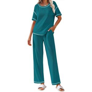 imageEkouaer Women Waffle Knit Lounge Sets Short Sleeve Top and Long Pant Pajama Set Loungewear 2 Piece Pjs Set with PocketsBlue Green