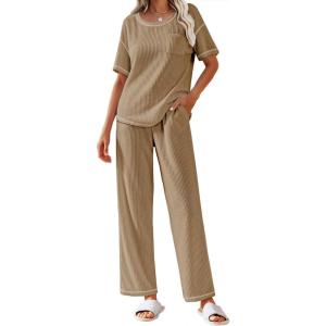 imageEkouaer Women Waffle Knit Lounge Sets Short Sleeve Top and Long Pant Pajama Set Loungewear 2 Piece Pjs Set with PocketsBrown