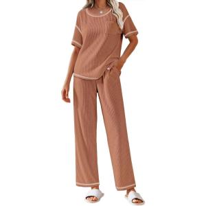 imageEkouaer Women Waffle Knit Lounge Sets Short Sleeve Top and Long Pant Pajama Set Loungewear 2 Piece Pjs Set with PocketsCaramel