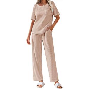 imageEkouaer Women Waffle Knit Lounge Sets Short Sleeve Top and Long Pant Pajama Set Loungewear 2 Piece Pjs Set with PocketsChampagne