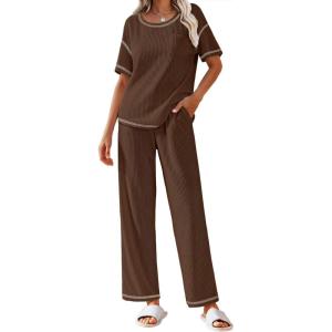 imageEkouaer Women Waffle Knit Lounge Sets Short Sleeve Top and Long Pant Pajama Set Loungewear 2 Piece Pjs Set with PocketsDark Brown