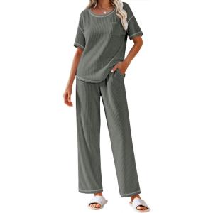 imageEkouaer Women Waffle Knit Lounge Sets Short Sleeve Top and Long Pant Pajama Set Loungewear 2 Piece Pjs Set with PocketsDark Grey