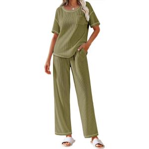 imageEkouaer Women Waffle Knit Lounge Sets Short Sleeve Top and Long Pant Pajama Set Loungewear 2 Piece Pjs Set with PocketsGreen