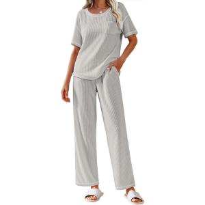 imageEkouaer Women Waffle Knit Lounge Sets Short Sleeve Top and Long Pant Pajama Set Loungewear 2 Piece Pjs Set with PocketsGrey
