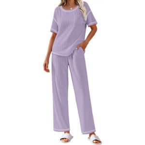 imageEkouaer Women Waffle Knit Lounge Sets Short Sleeve Top and Long Pant Pajama Set Loungewear 2 Piece Pjs Set with PocketsLavender