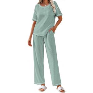 imageEkouaer Women Waffle Knit Lounge Sets Short Sleeve Top and Long Pant Pajama Set Loungewear 2 Piece Pjs Set with PocketsLight Green