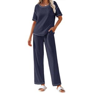 imageEkouaer Women Waffle Knit Lounge Sets Short Sleeve Top and Long Pant Pajama Set Loungewear 2 Piece Pjs Set with PocketsNavy Blue