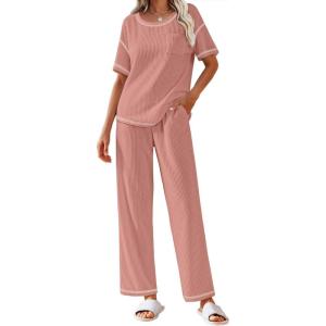 imageEkouaer Women Waffle Knit Lounge Sets Short Sleeve Top and Long Pant Pajama Set Loungewear 2 Piece Pjs Set with PocketsPink