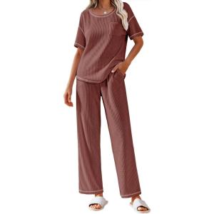 imageEkouaer Women Waffle Knit Lounge Sets Short Sleeve Top and Long Pant Pajama Set Loungewear 2 Piece Pjs Set with PocketsRed