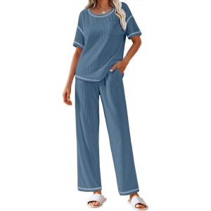 imageEkouaer Women Waffle Knit Lounge Sets Short Sleeve Top and Long Pant Pajama Set Loungewear 2 Piece Pjs Set with PocketsSky Blue