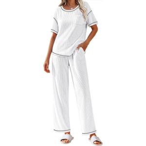 imageEkouaer Women Waffle Knit Lounge Sets Short Sleeve Top and Long Pant Pajama Set Loungewear 2 Piece Pjs Set with PocketsWhite