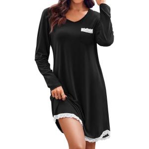 imageEkouaer Womens Long Sleeve Nightgowns V Neck Sleepshirts Lace Nightshirts Casual Tshirt Sleep Dress with PocketBlack