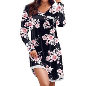 imageEkouaer Womens Long Sleeve Nightgowns V Neck Sleepshirts Lace Nightshirts Casual Tshirt Sleep Dress with PocketBlack Pink Floral