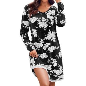 imageEkouaer Womens Long Sleeve Nightgowns V Neck Sleepshirts Lace Nightshirts Casual Tshirt Sleep Dress with PocketBlack White Floral