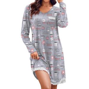 imageEkouaer Womens Long Sleeve Nightgowns V Neck Sleepshirts Lace Nightshirts Casual Tshirt Sleep Dress with PocketCoffee Cup Print