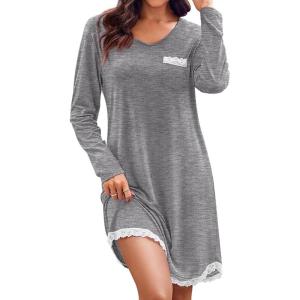 imageEkouaer Womens Long Sleeve Nightgowns V Neck Sleepshirts Lace Nightshirts Casual Tshirt Sleep Dress with PocketMedium Grey