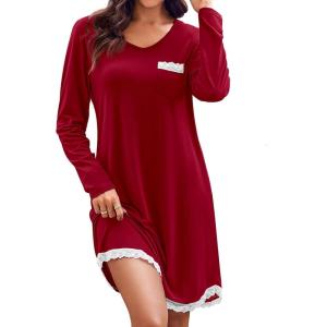 imageEkouaer Womens Long Sleeve Nightgowns V Neck Sleepshirts Lace Nightshirts Casual Tshirt Sleep Dress with PocketWine Red