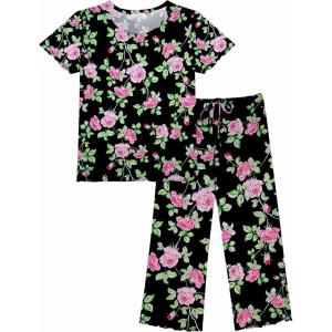 imageEkouaer Womens Pajamas Set Short Sleeve Sleepwear 2 Piece Round Neck Top Capri Pants Lounge Wear with PocketsBlackPink Flower