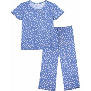 imageEkouaer Womens Pajamas Set Short Sleeve Sleepwear 2 Piece Round Neck Top Capri Pants Lounge Wear with PocketsBlueWhite Dot