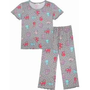 imageEkouaer Womens Pajamas Set Short Sleeve Sleepwear 2 Piece Round Neck Top Capri Pants Lounge Wear with PocketsGrayWhite PotCat