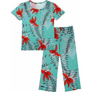 imageEkouaer Womens Pajamas Set Short Sleeve Sleepwear 2 Piece Round Neck Top Capri Pants Lounge Wear with PocketsGreenOrange Flower