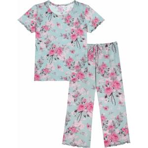 imageEkouaer Womens Pajamas Set Short Sleeve Sleepwear 2 Piece Round Neck Top Capri Pants Lounge Wear with PocketsGreenPink Floral