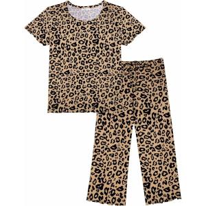 imageEkouaer Womens Pajamas Set Short Sleeve Sleepwear 2 Piece Round Neck Top Capri Pants Lounge Wear with PocketsLeopard
