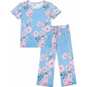 imageEkouaer Womens Pajamas Set Short Sleeve Sleepwear 2 Piece Round Neck Top Capri Pants Lounge Wear with PocketsLight BlueWhite Flower