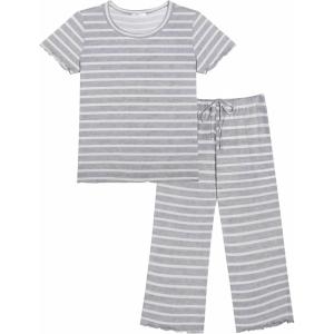 imageEkouaer Womens Pajamas Set Short Sleeve Sleepwear 2 Piece Round Neck Top Capri Pants Lounge Wear with PocketsLight GrayWhite Stripe