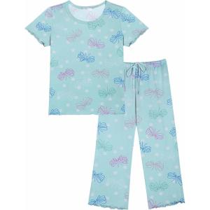 imageEkouaer Womens Pajamas Set Short Sleeve Sleepwear 2 Piece Round Neck Top Capri Pants Lounge Wear with PocketsMint GreenButterfly