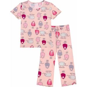 imageEkouaer Womens Pajamas Set Short Sleeve Sleepwear 2 Piece Round Neck Top Capri Pants Lounge Wear with PocketsPinkCute Sheep